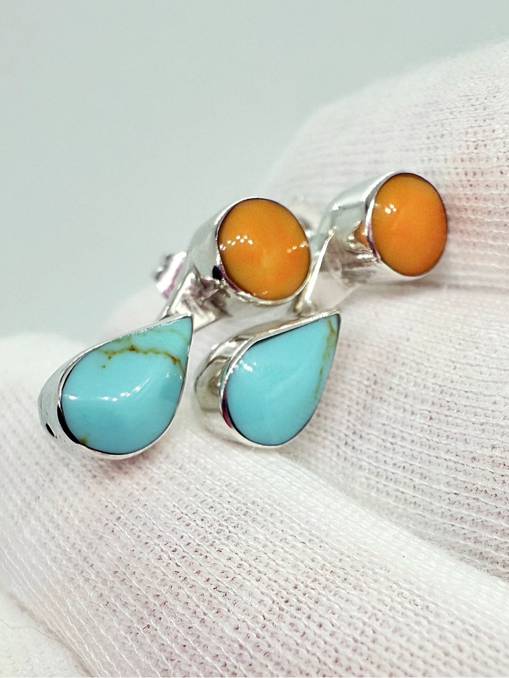 Native American Sterling Silver Teardrop Turquoise & Orange Coral Drop Earrings - Picture 6 of 12